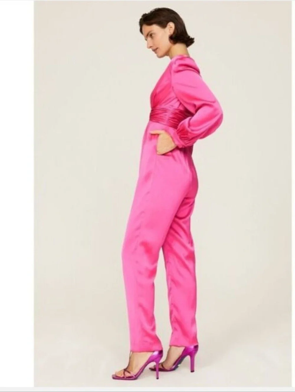 NWT Mac Duggal Fuschia Pink Satin Plunge Neck Puff Sleeve Jumpsuit
